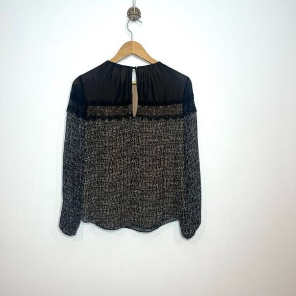 White House Black Market Women’s 0 Blouse Black White Long Sleeve Keyhole Back - Picture 5 of 11